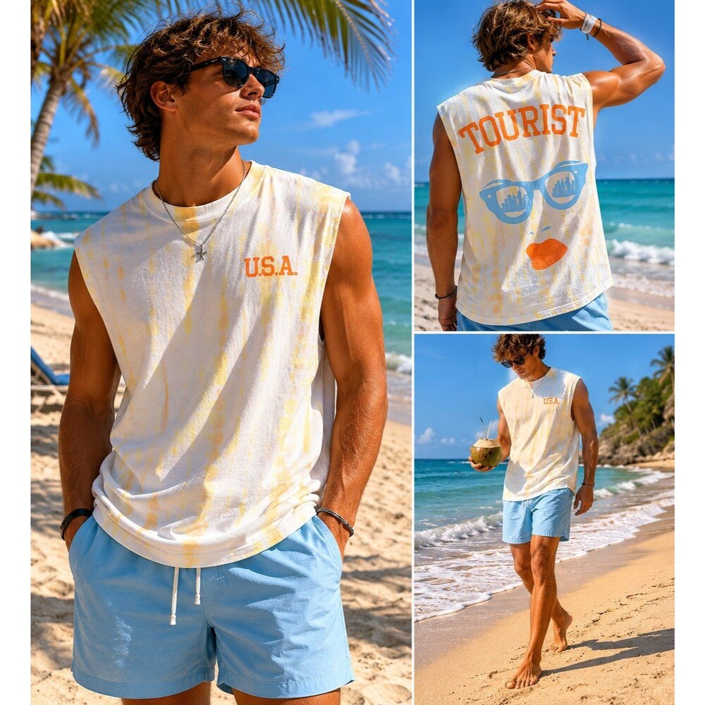 NEW Spirit Jersey Tourist U.S.A. Sleeveless Tie Dye Tank Top Beach Vacation S